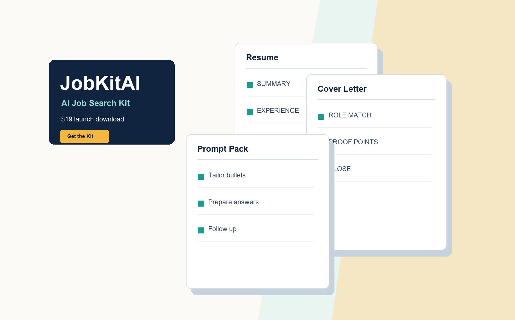 Preview of JobKitAI resume, cover letter, prompt, and tracker documents