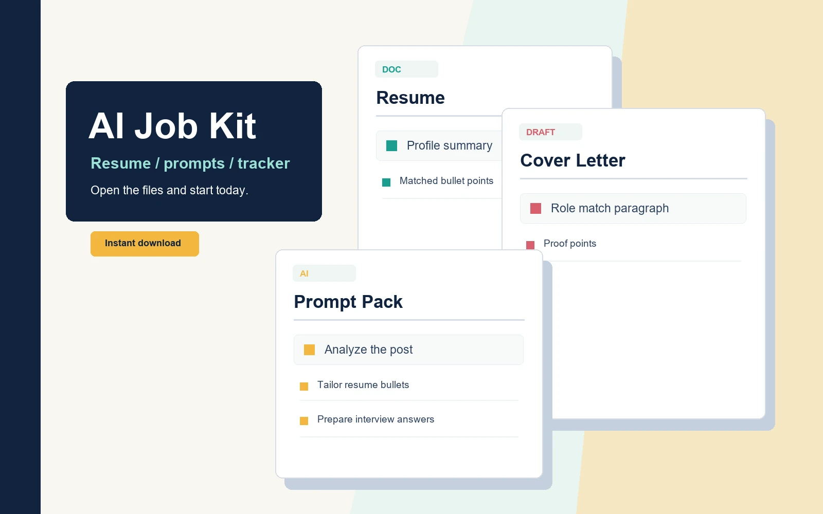 AI Job Kit product preview with workbook-style application materials